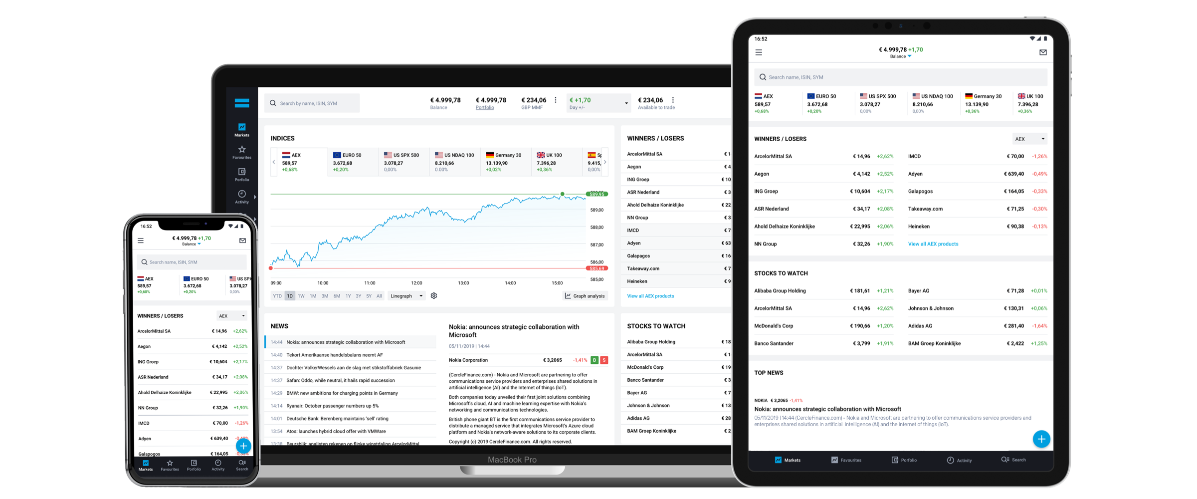 New Degiro trading platform shown on desktop, mobile and tablet